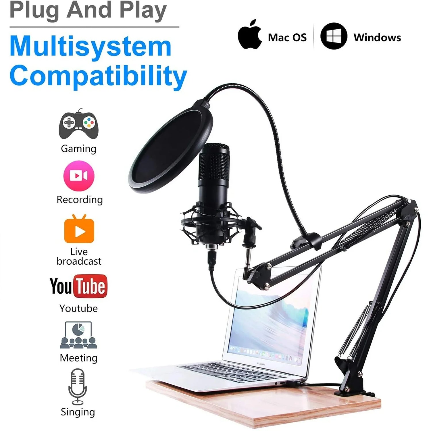 Microphone for Podcast Equipment Bundle, USB Microphone, Microphone for Computer, Perfect for Live Streaming, Black