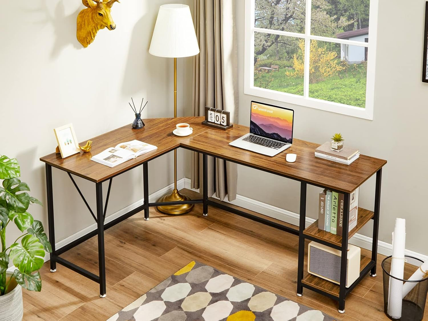 L Shaped Computer Desk with Storage Shelves, 66 Inch Corner Computer Home Office Writing Table,Rustic Large Gaming PC Workstation Space Saving, Easy Assembly,Walnut