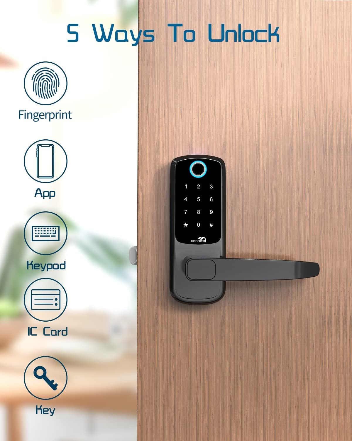 5-In-1 Smart Door Lock - Keyless Entry with Fingerprint, App, IC Cards, Passcode, and Keys - Black