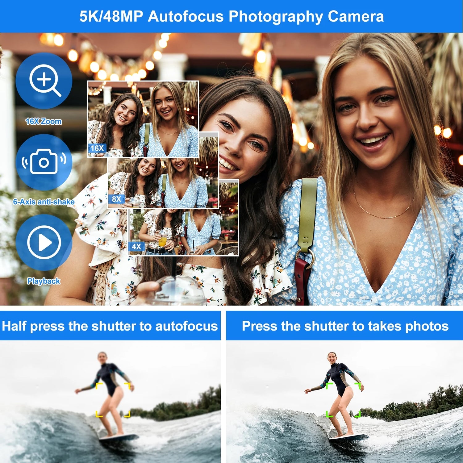 5K Digital Camera for Photography Autofocus 48MP Vlogging Camera for Youtube 16X Digital Zoom with Front and Rear Cameras with 32GB SD Card