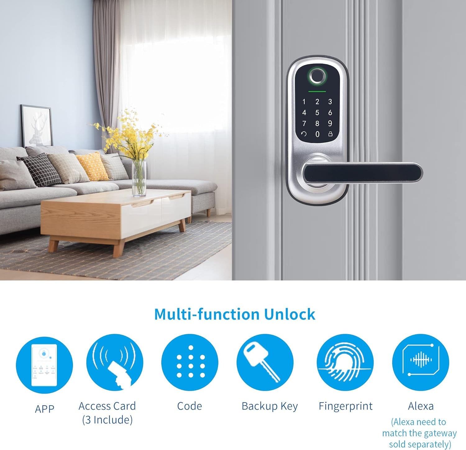 Keyless Entry Door Lock, Fingerprint & Smart Keypad, Digital Kepad Door Lock, Reversible Handle, Silver
