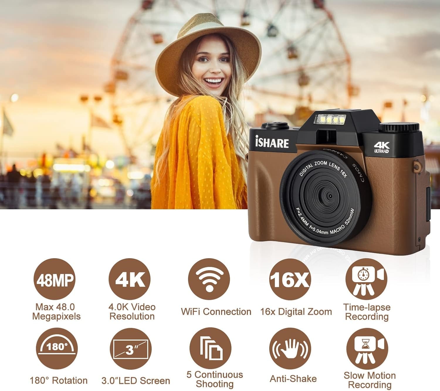 Digital Camera for Photography,Vlogging Camera for Youtube with Wifi 180° Flip Screen,16X Digital Zoom,Digital Camera for Kids and Adults with One Batteries,Wide-Angle Lens and 32GB Micro Card