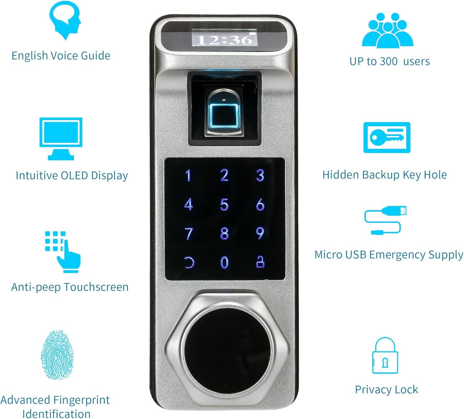 K1 Fingerprint, Keyless Entry, Keypad Lock, Biometric, Digital Door Lock for Home and Office (Silver)