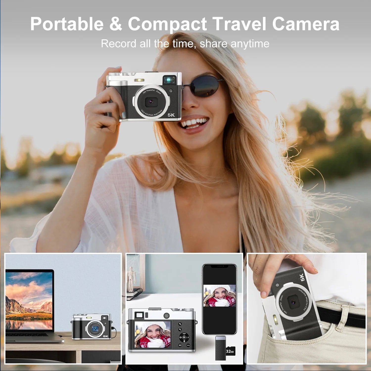 5K Digital Camera for Photography Autofocus 48MP Vlogging Camera for Youtube 16X Digital Zoom with Front and Rear Cameras with 32GB SD Card