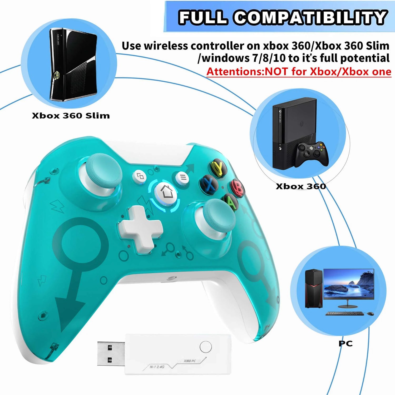 X360 Controller Wireless for Xbox 360/Xbox 360 Slim,2.4Ghz Gamepad Remote Joystick Wireless PC Gaming Controller for PC Windows 10/8/7 with Receiver,Green (NOT for Xbox/Xbox One