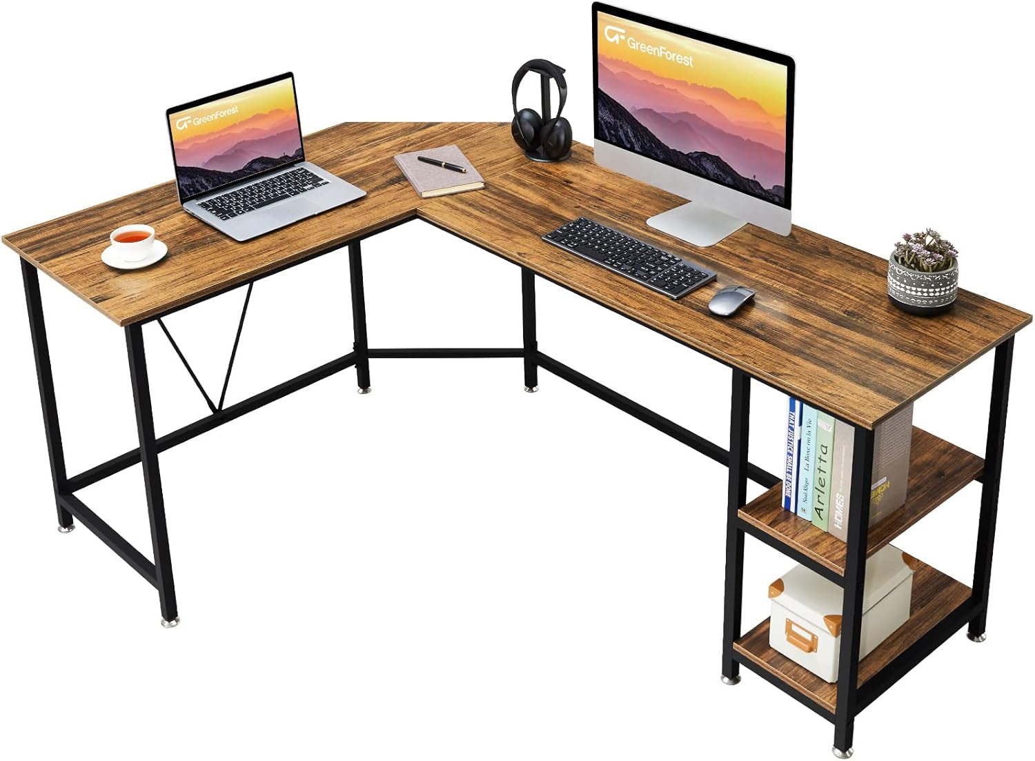 L Shaped Computer Desk with Storage Shelves, 66 Inch Corner Computer Home Office Writing Table,Rustic Large Gaming PC Workstation Space Saving, Easy Assembly,Walnut