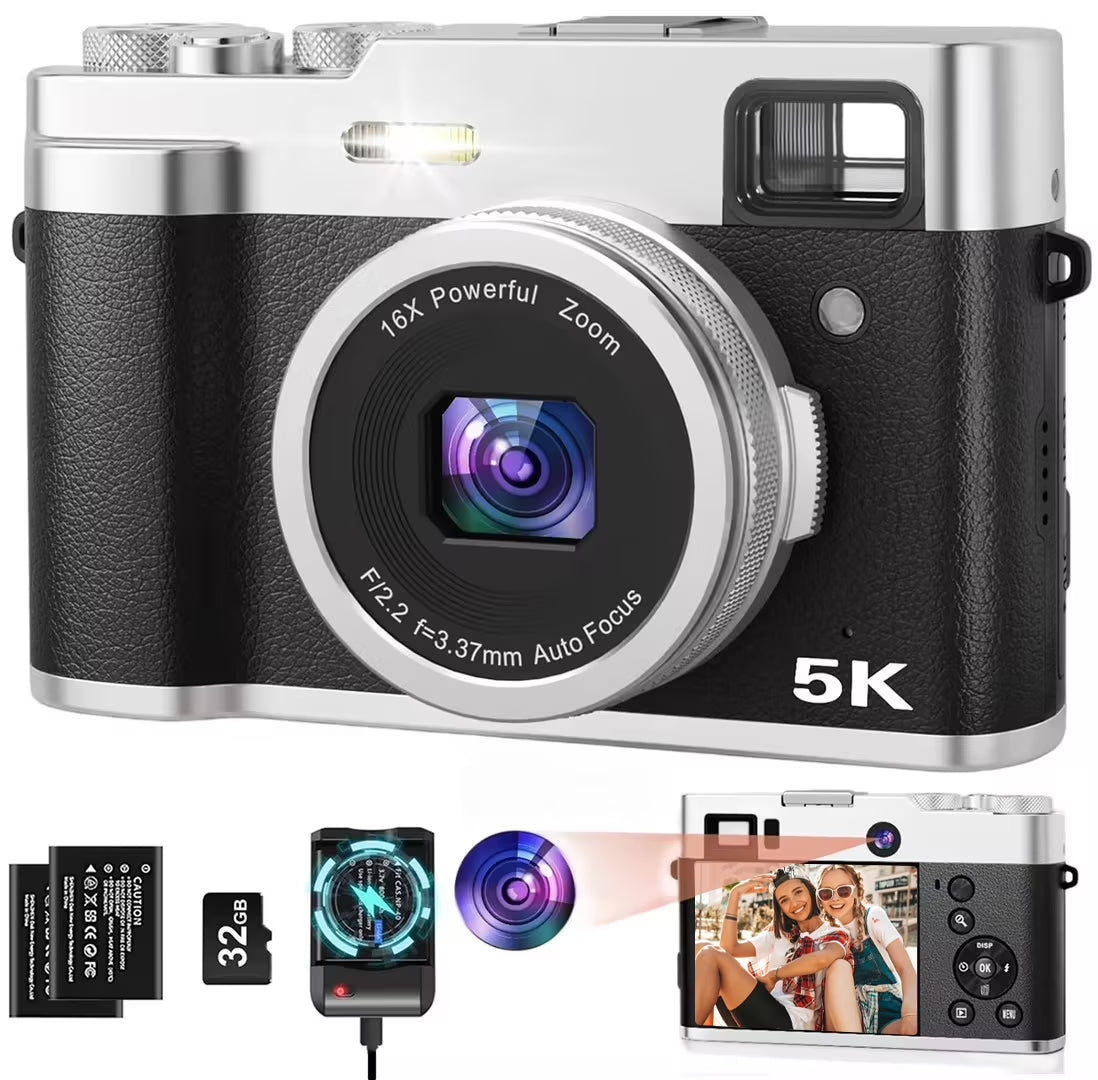 5K Digital Camera for Photography Autofocus 48MP Vlogging Camera for Youtube 16X Digital Zoom with Front and Rear Cameras with 32GB SD Card