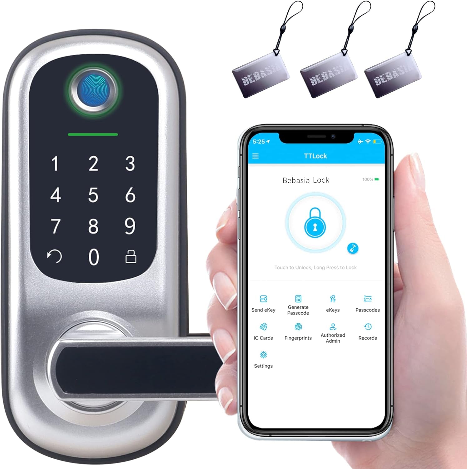 Keyless Entry Door Lock, Fingerprint & Smart Keypad, Digital Kepad Door Lock, Reversible Handle, Silver