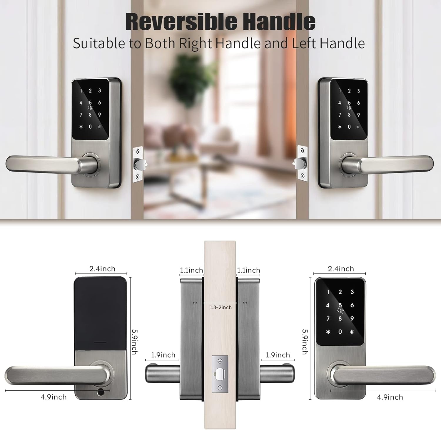 Smart Keyless Entry Door Lock with Reversible Handle, Touchscreen Keypad, Electronic Digital Bluetooth Front Door Lock, Biometric Door Lock, Auto Lock,For Home Apartment Office