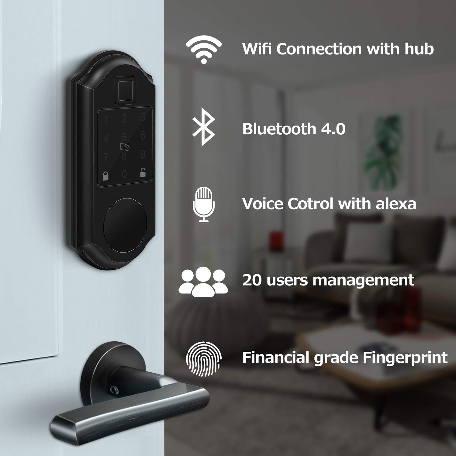 Smart Lock, Fingerprint Electronic Deadbolt Door Lock, Keyless Entry, Compatible with Alexa, Google Assistant - Black
