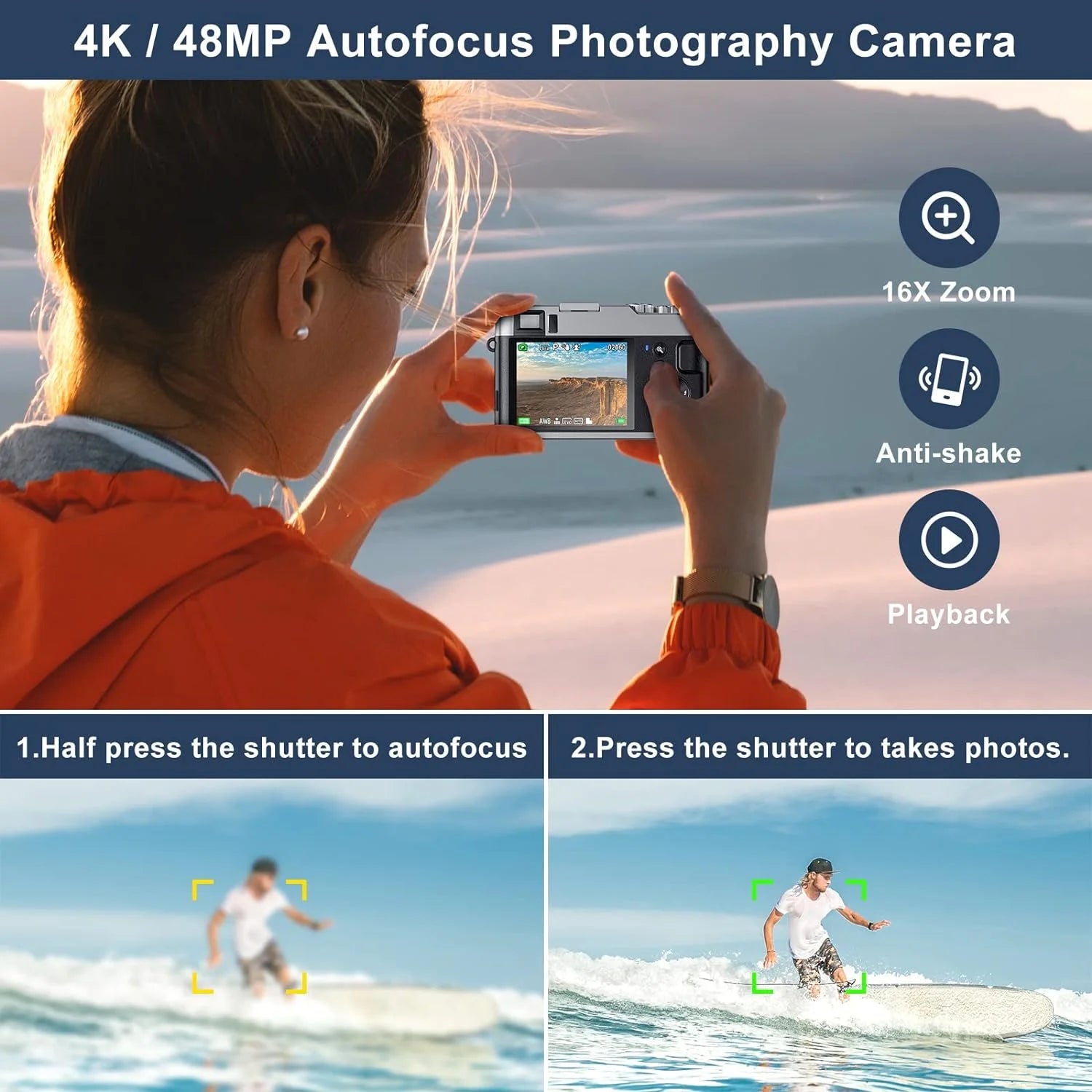 4K Digital Camera for Photography Autofocus 48MP Vlogging Camera for Youtube 16X Digital Zoom Cameras with SD Card