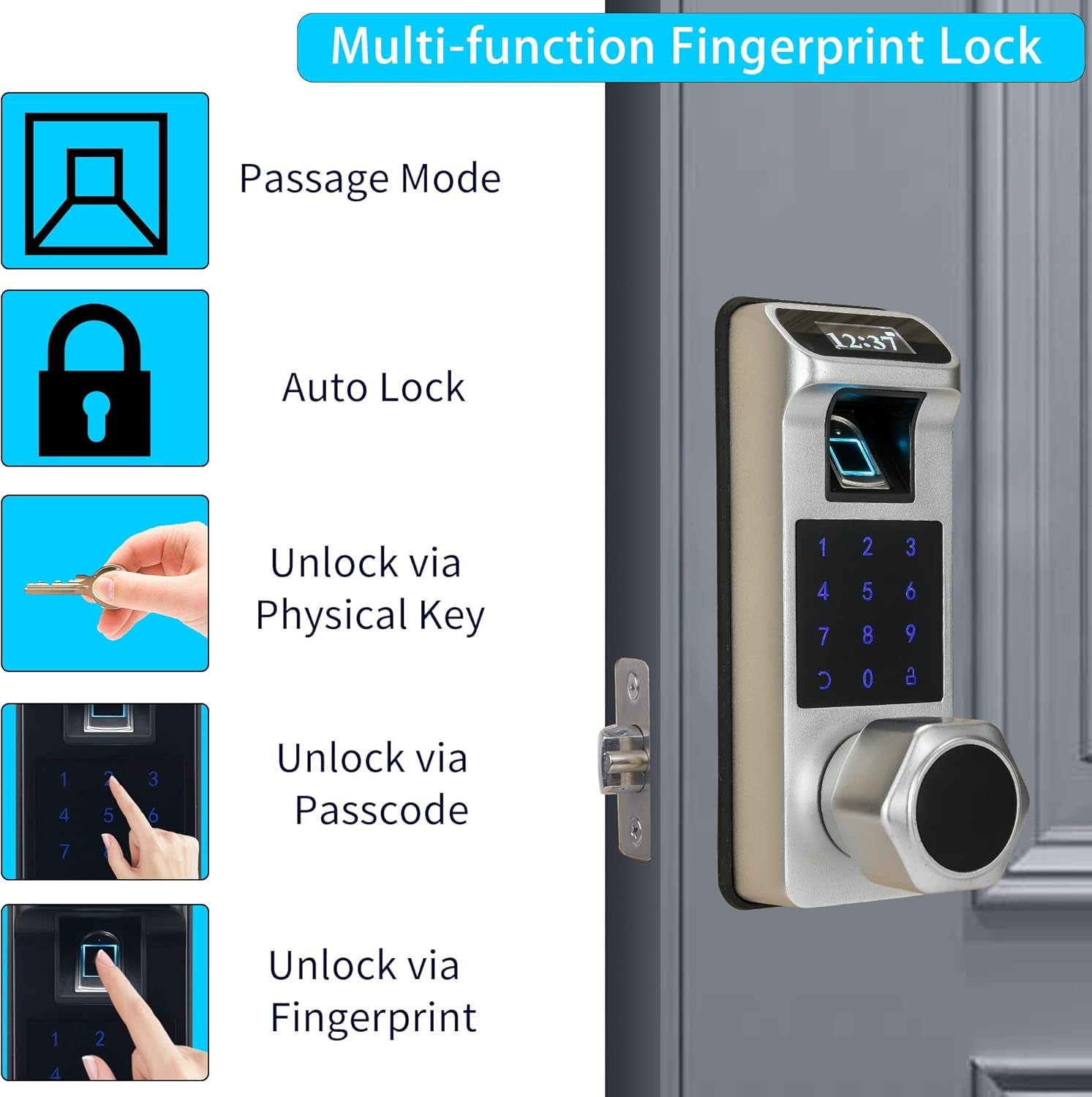 K1 Fingerprint, Keyless Entry, Keypad Lock, Biometric, Digital Door Lock for Home and Office (Silver)