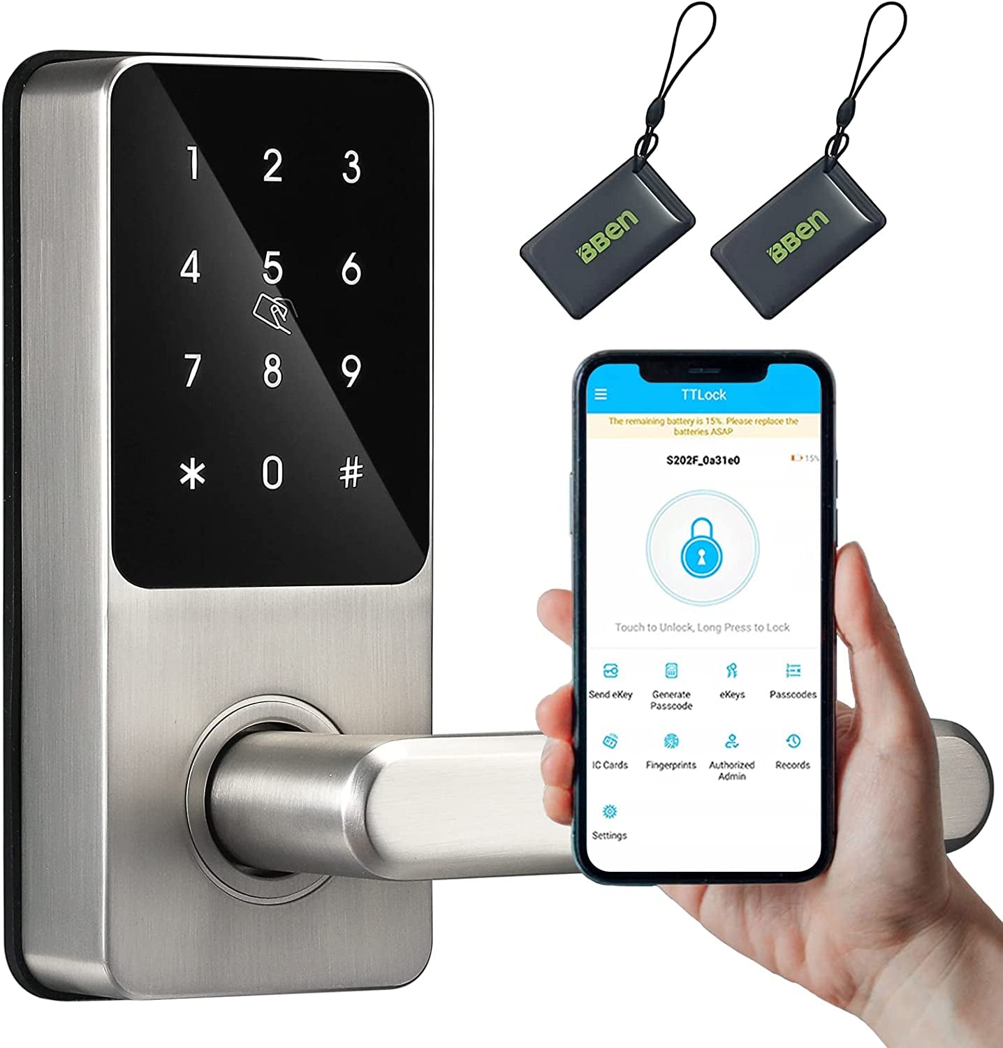 Smart Keyless Entry Door Lock with Reversible Handle, Touchscreen Keypad, Electronic Digital Bluetooth Front Door Lock, Biometric Door Lock, Auto Lock,For Home Apartment Office