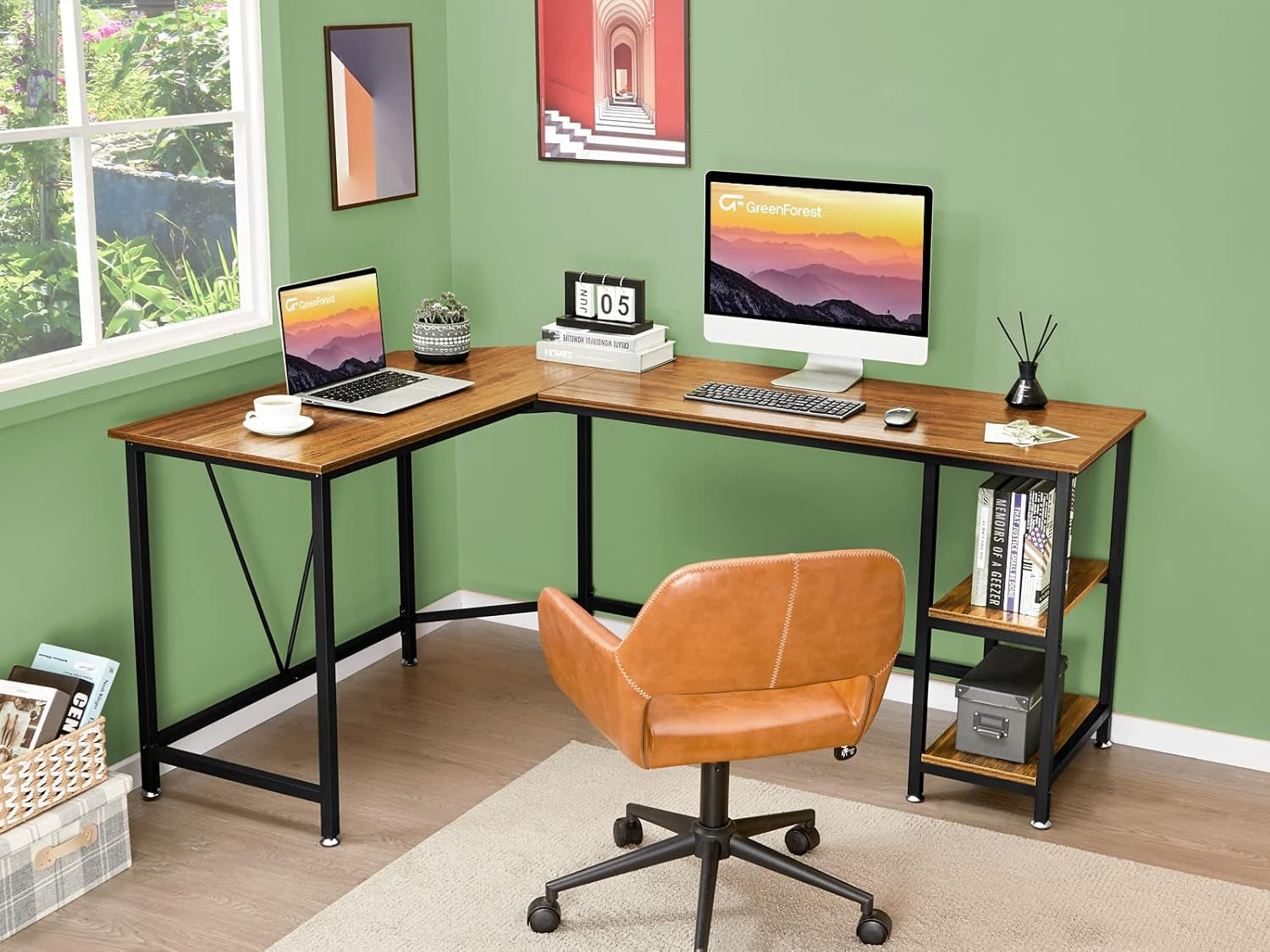 L Shaped Computer Desk with Storage Shelves, 66 Inch Corner Computer Home Office Writing Table,Rustic Large Gaming PC Workstation Space Saving, Easy Assembly,Walnut