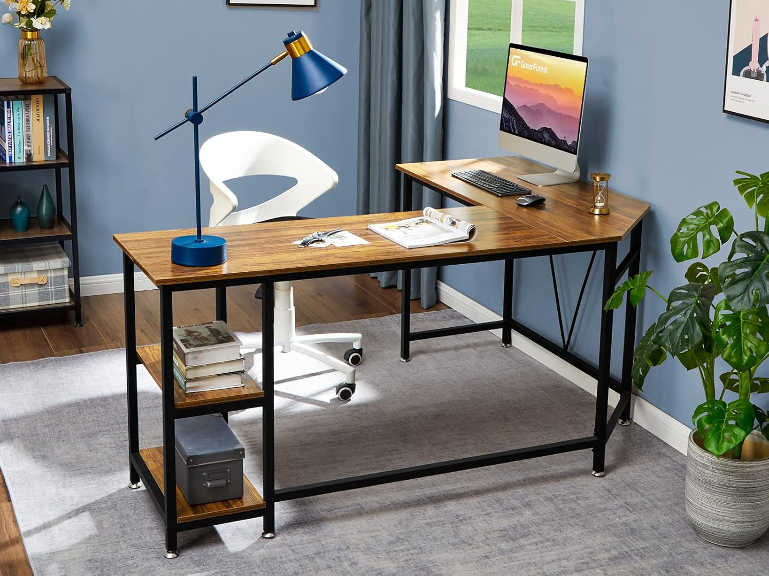 L Shaped Computer Desk with Storage Shelves, 66 Inch Corner Computer Home Office Writing Table,Rustic Large Gaming PC Workstation Space Saving, Easy Assembly,Walnut