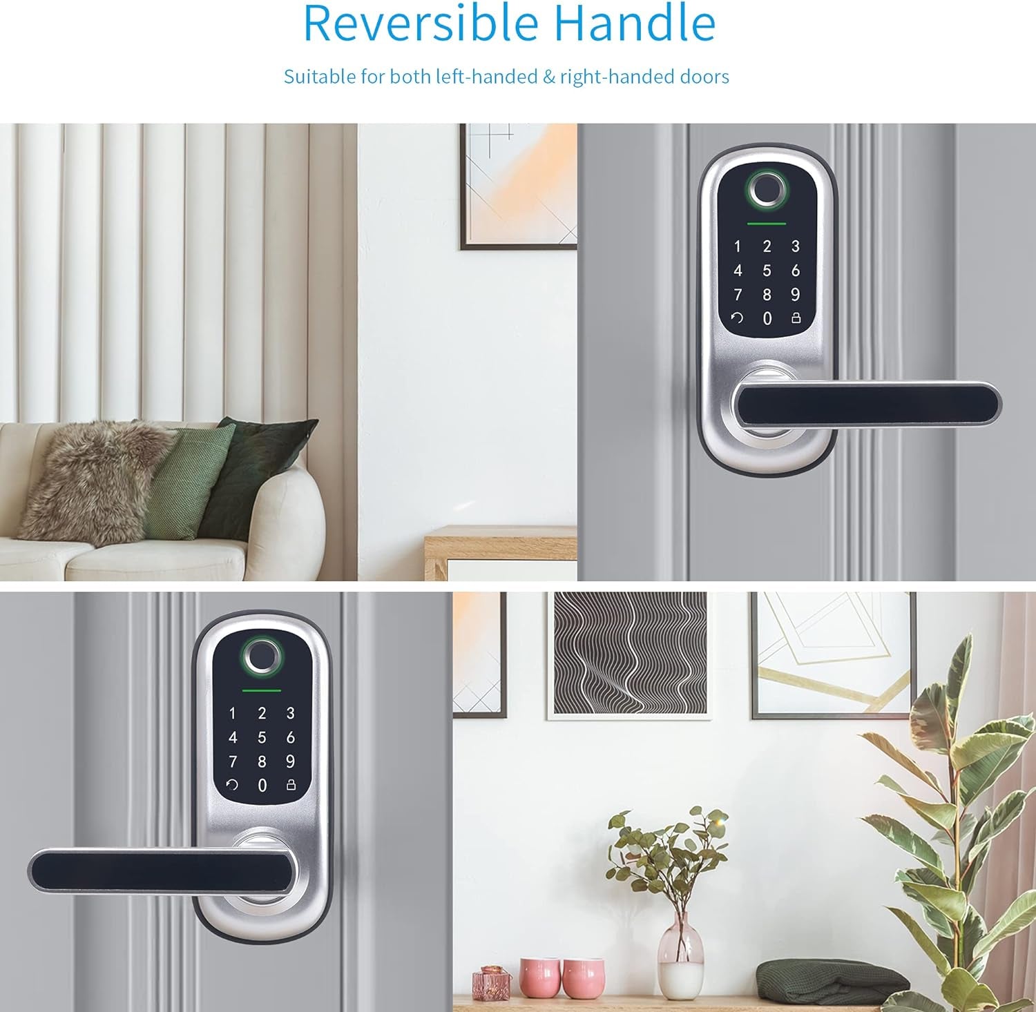 Keyless Entry Door Lock, Fingerprint & Smart Keypad, Digital Kepad Door Lock, Reversible Handle, Silver