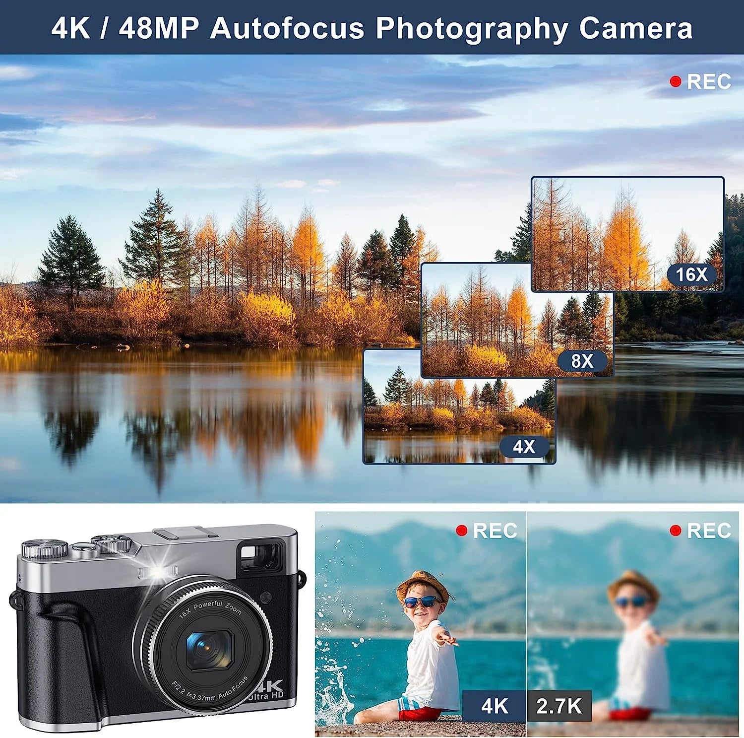 4K Digital Camera for Photography Autofocus 48MP Vlogging Camera for Youtube 16X Digital Zoom Cameras with SD Card